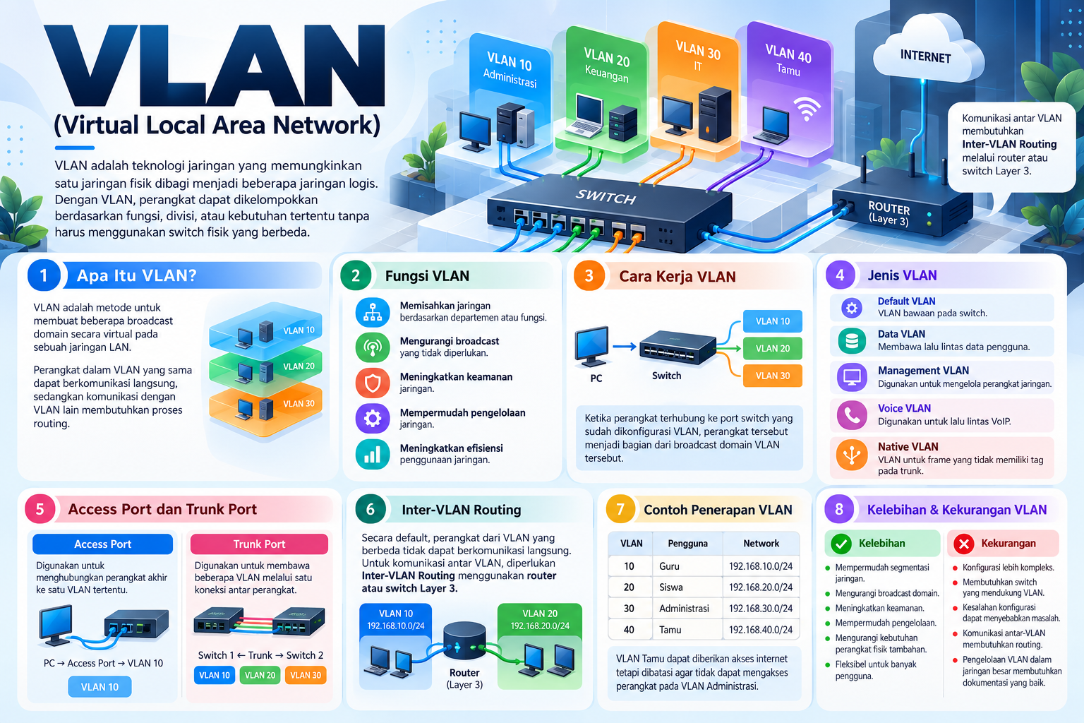 VLAN (Virtual Local Area Network): Pengertian, Fungsi, Jenis, dan Cara Kerja